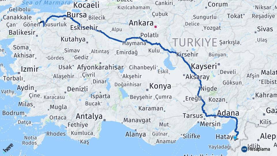 Hatay Manyas Balıkesir Arası Kaç Km - Yol Haritası