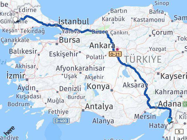 Hatay Meriç Edirne Arası Kaç Km - Yol Haritası