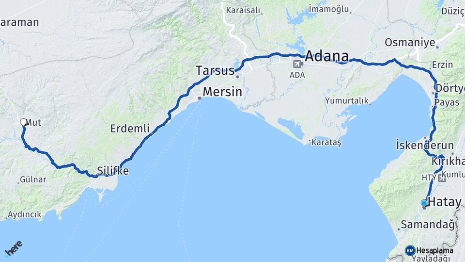 Hatay Mut Mersin Arası Kaç Km - Yol Haritası