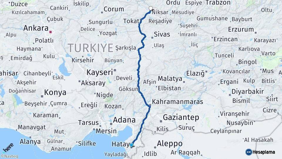 Hatay Niksar Tokat Arası Kaç Km - Yol Haritası