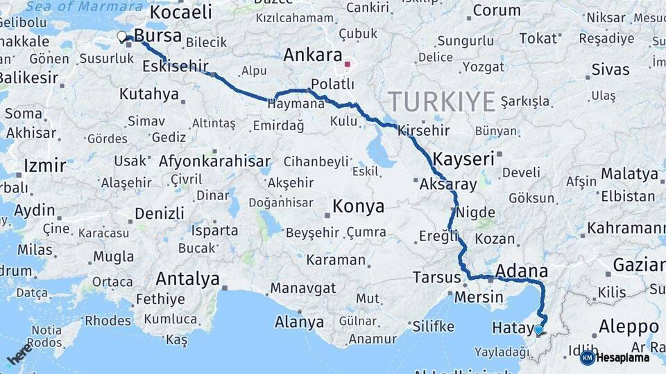 Hatay Nilüfer Bursa Arası Kaç Km - Yol Haritası
