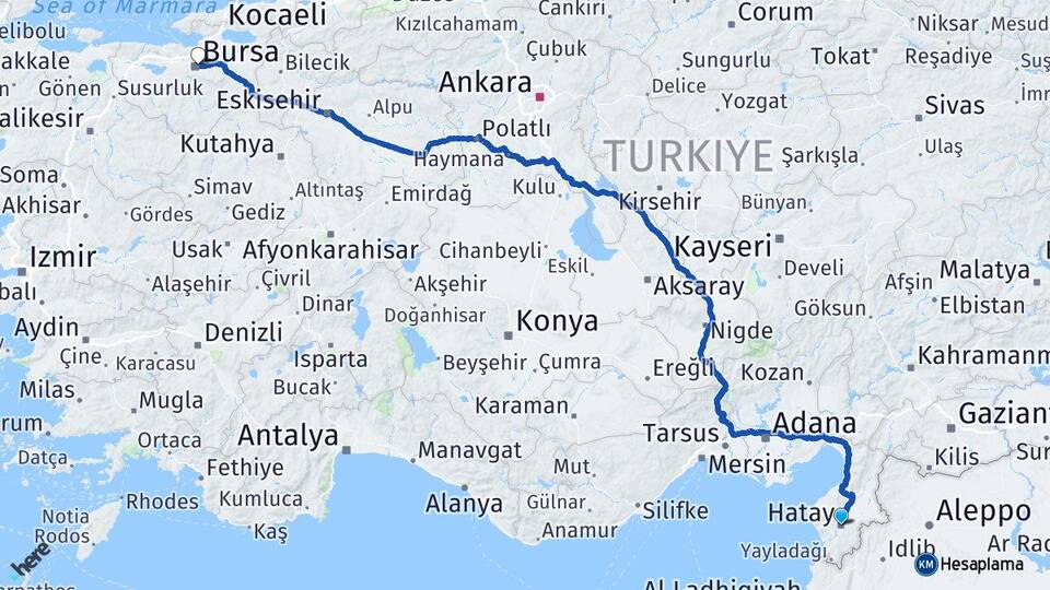 Hatay Osmangazi Bursa Arası Kaç Km - Yol Haritası