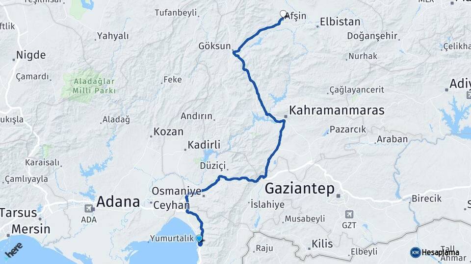 Hatay Payas Afşin Kahramanmaraş Arası Kaç Km - Yol Haritası