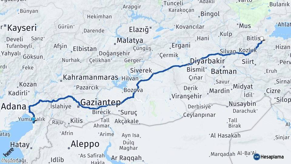 Hatay Payas Bitlis Arası Kaç Km - Yol Haritası