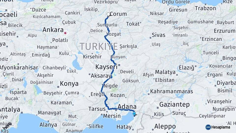 Hatay Payas Çorum Arası Kaç Km - Yol Haritası