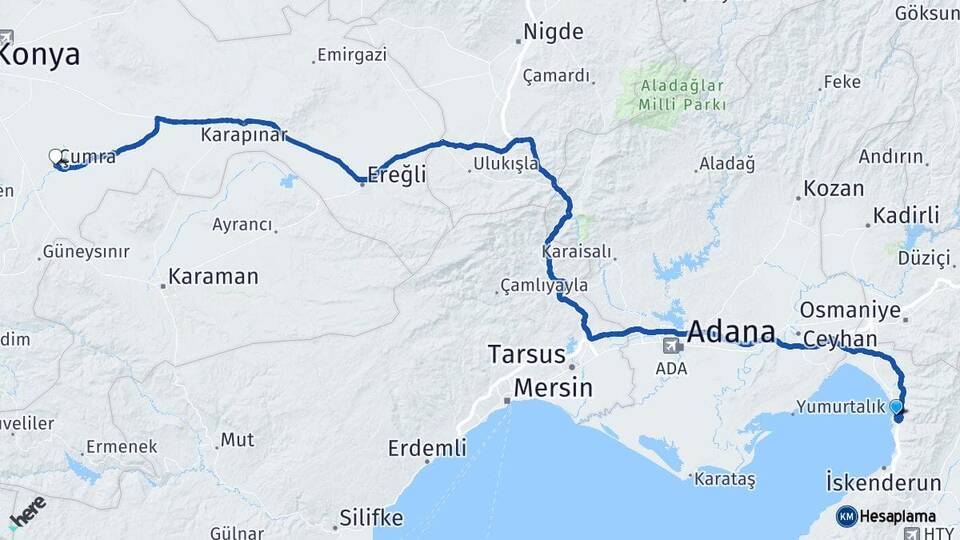 Hatay Payas Çumra Konya Arası Kaç Km - Yol Haritası