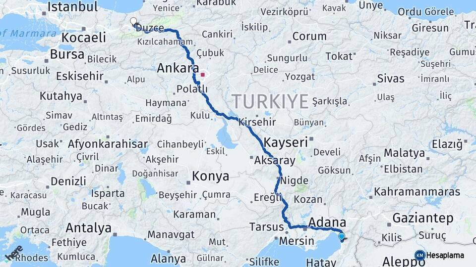 Hatay Payas Düzce Arası Kaç Km - Yol Haritası