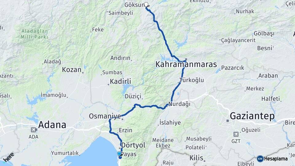 Hatay Payas Göksun Kahramanmaraş Arası Kaç Km - Yol Haritası