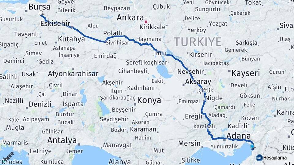 Hatay Payas İnegöl Bursa Arası Kaç Km - Yol Haritası