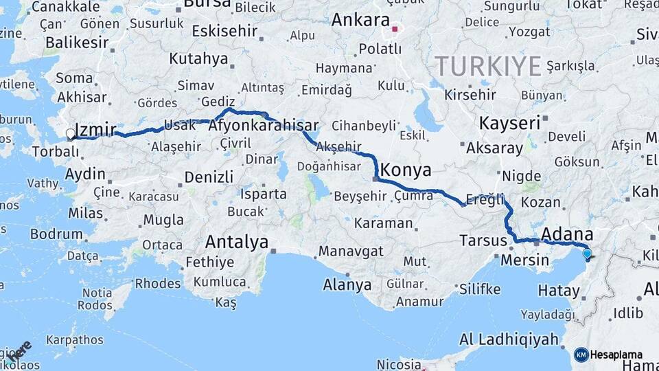 Hatay Payas İzmir Arası Kaç Km - Yol Haritası