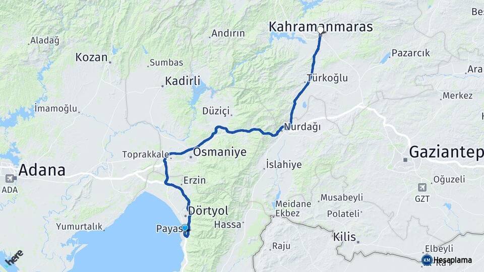 Hatay Payas Kahramanmaraş Arası Kaç Km - Yol Haritası