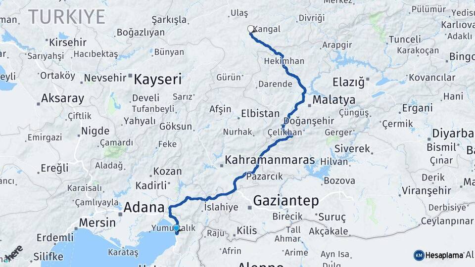 Hatay Payas Kangal Sivas Arası Kaç Km - Yol Haritası