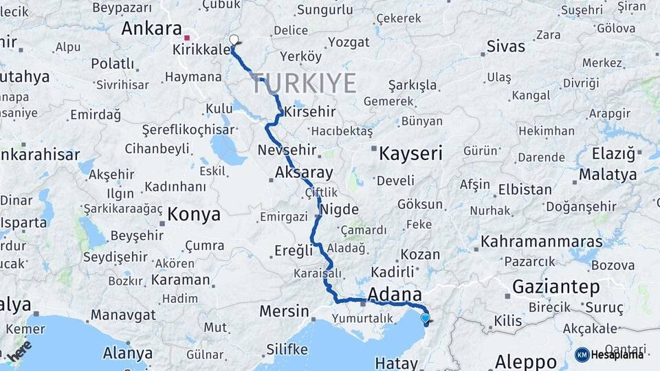 Hatay Payas Kırıkkale Arası Kaç Km - Yol Haritası