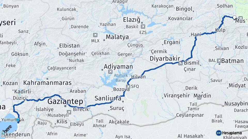 Hatay Payas Muş Arası Kaç Km - Yol Haritası