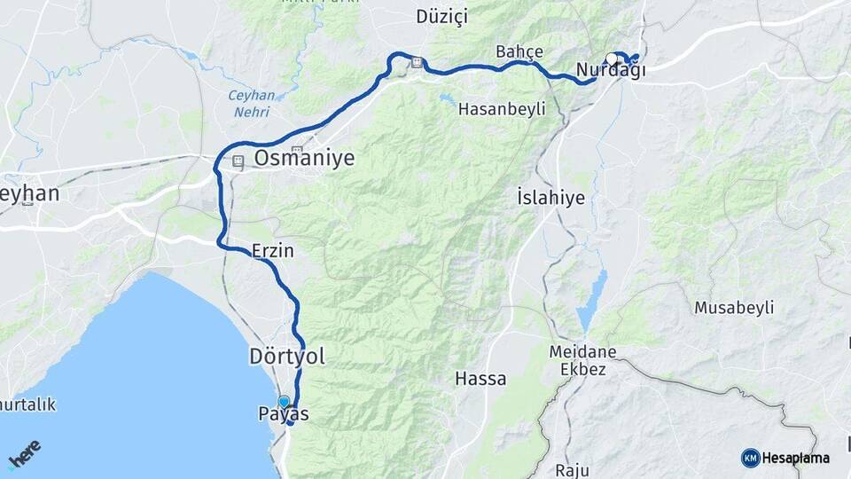 Hatay Payas Nurdağı Gaziantep Arası Kaç Km - Yol Haritası