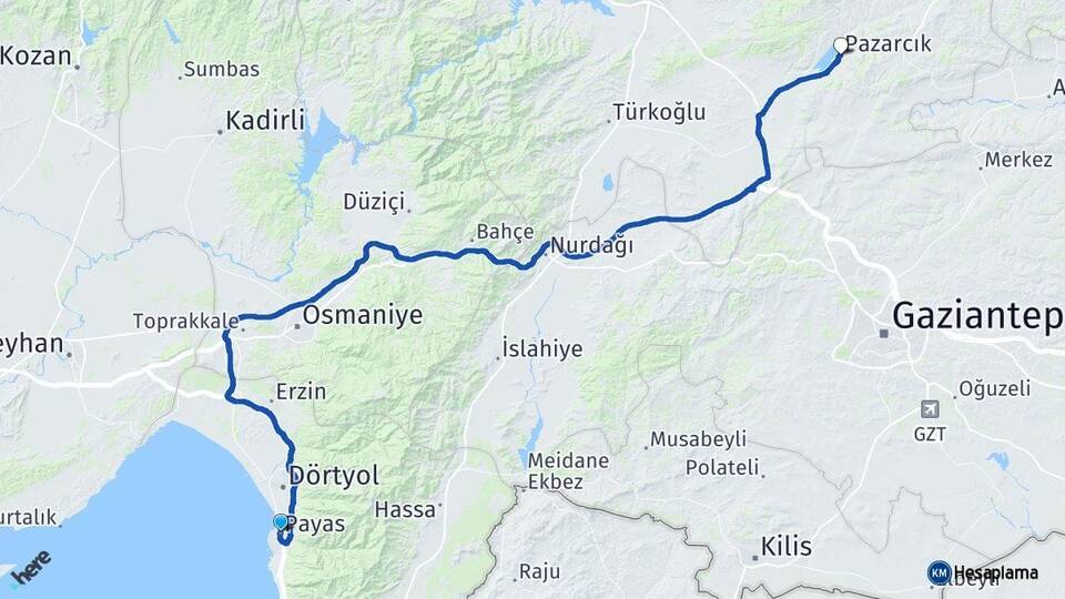 Hatay Payas Pazarcık Kahramanmaraş Arası Kaç Km - Yol Haritası