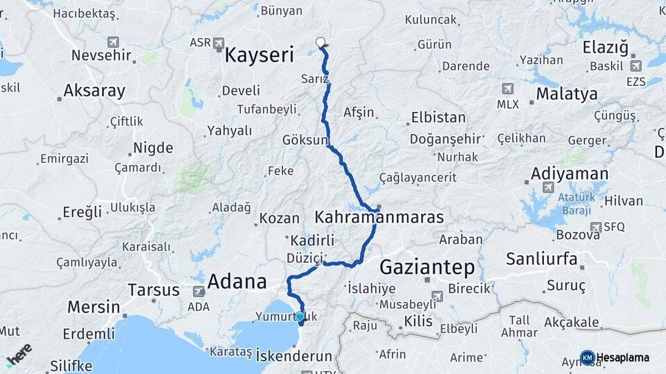 Hatay Payas Pınarbaşı Kayseri Arası Kaç Km - Yol Haritası