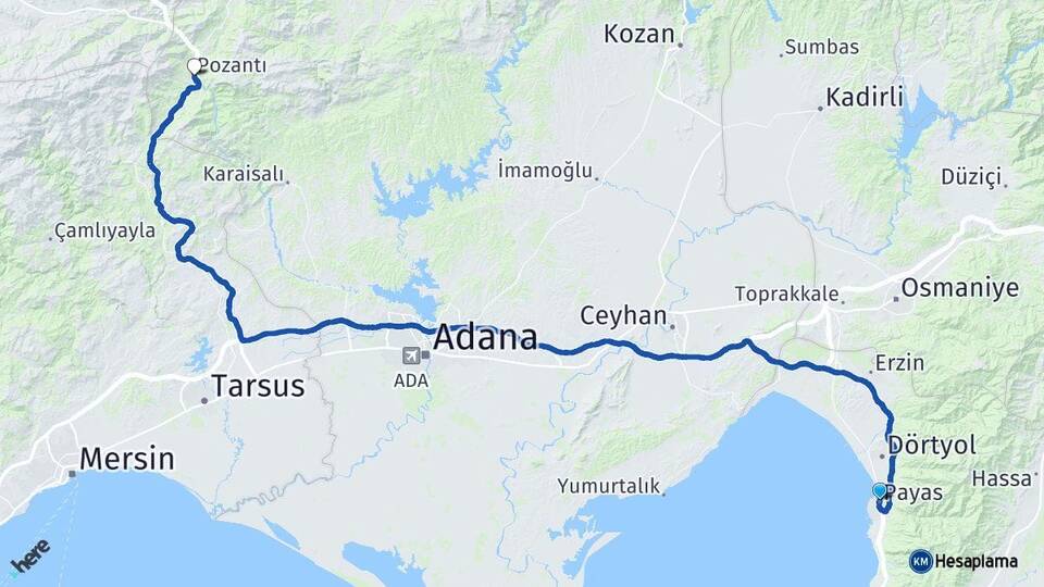 Hatay Payas Pozantı Adana Arası Kaç Km - Yol Haritası