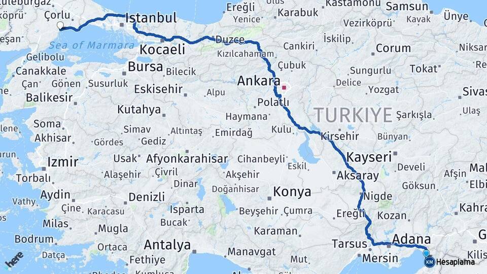 Hatay Payas Tekirdağ Arası Kaç Km - Yol Haritası