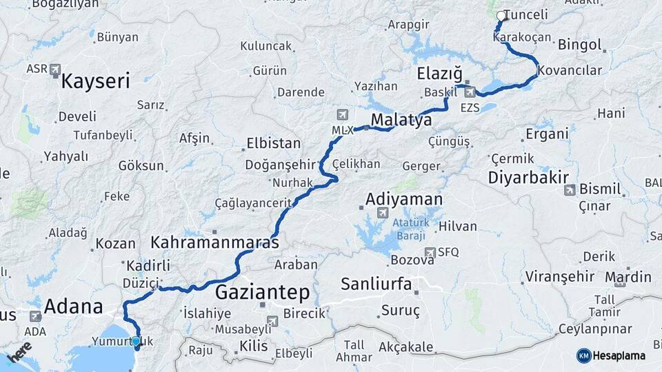 Hatay Payas Tunceli Arası Kaç Km - Yol Haritası