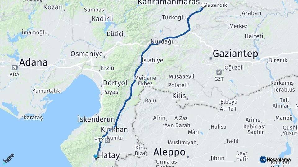 Hatay Pazarcık Kahramanmaraş Arası Kaç Km - Yol Haritası