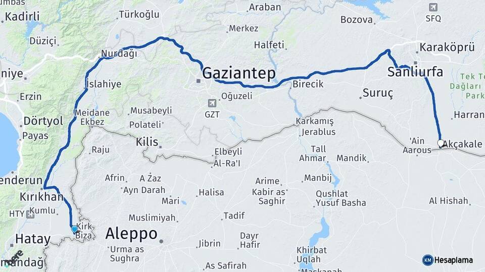 Hatay Reyhanlı Akçakale Şanlıurfa Arası Kaç Km - Yol Haritası