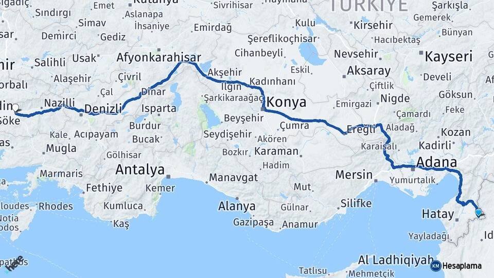 Hatay Reyhanlı Aydın Arası Kaç Km - Yol Haritası