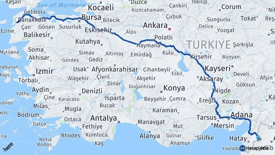 Hatay Reyhanlı Çanakkale Arası Kaç Km - Yol Haritası