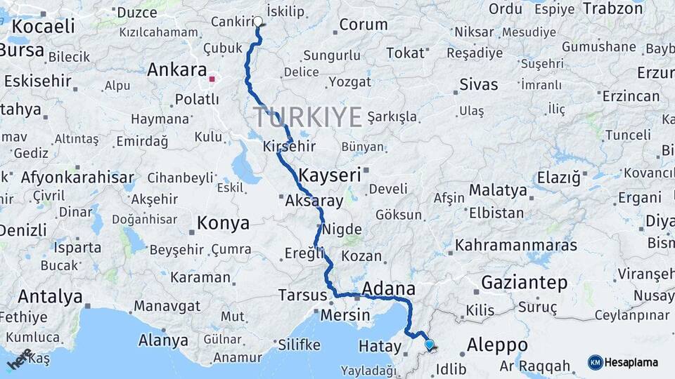 Hatay Reyhanlı Çankırı Arası Kaç Km - Yol Haritası