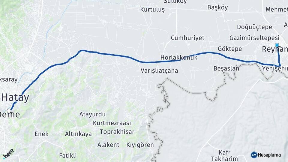 Hatay Reyhanlı Defne Arası Kaç Km - Yol Haritası