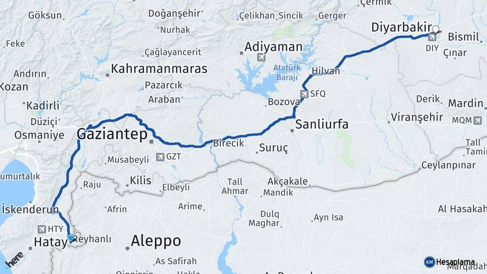 Hatay Reyhanlı Diyarbakır Arası Kaç Km - Yol Haritası