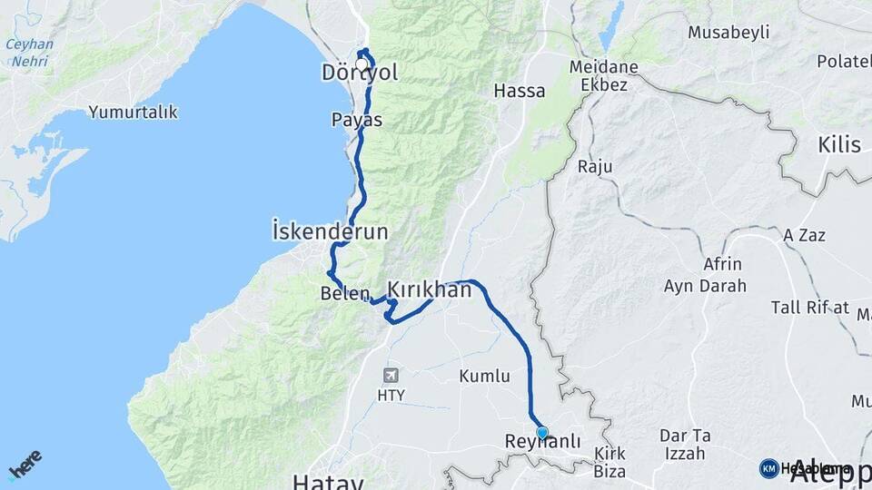 Hatay Reyhanlı Dörtyol Arası Kaç Km - Yol Haritası
