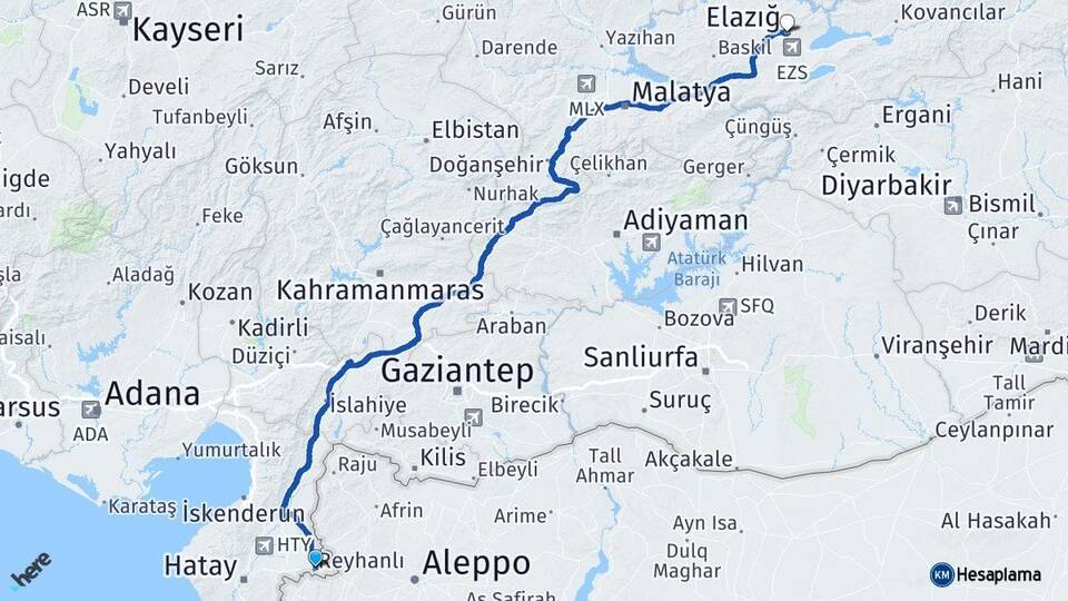 Hatay Reyhanlı Elazığ Arası Kaç Km - Yol Haritası