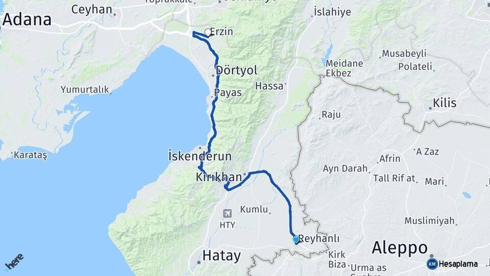 Hatay Reyhanlı Erzin Arası Kaç Km - Yol Haritası