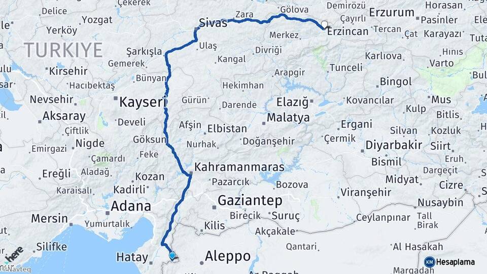 Hatay Reyhanlı Erzincan Arası Kaç Km - Yol Haritası