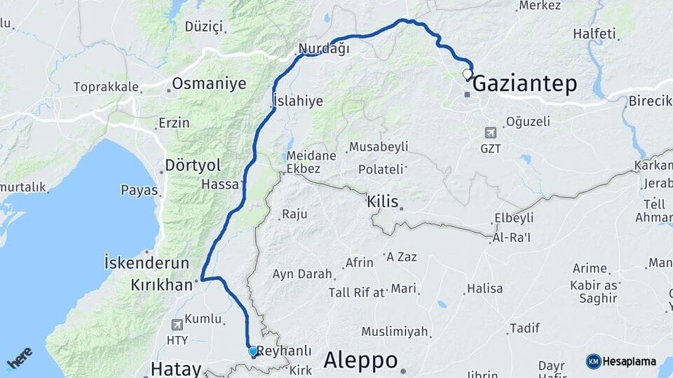 Hatay Reyhanlı Gaziantep Arası Kaç Km - Yol Haritası