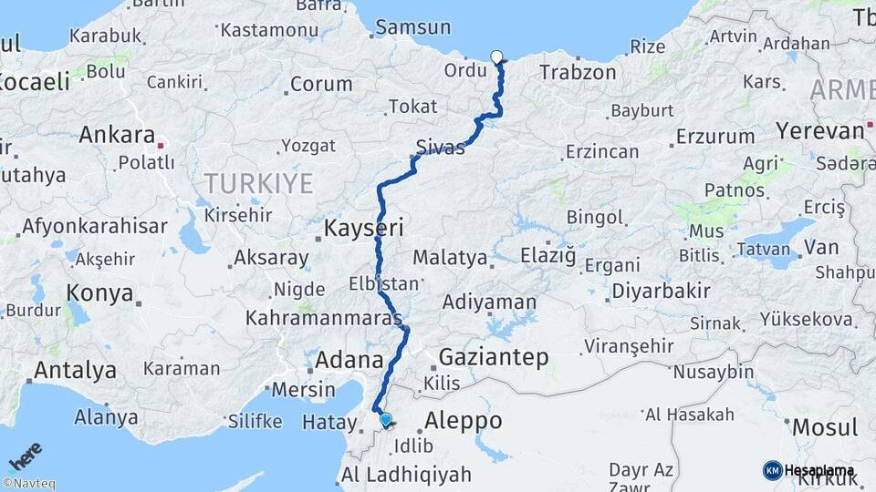Hatay Reyhanlı Giresun Arası Kaç Km - Yol Haritası
