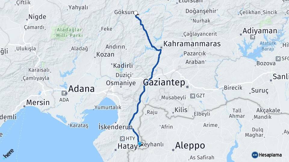 Hatay Reyhanlı Göksun Kahramanmaraş Arası Kaç Km - Yol Haritası