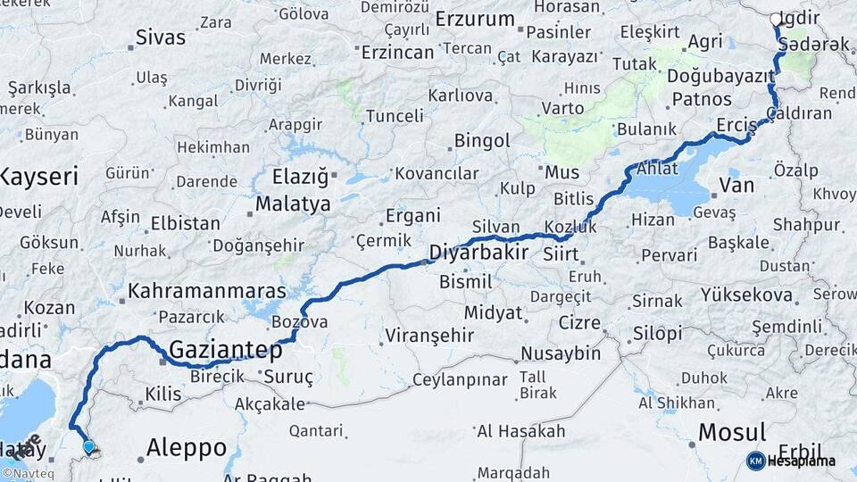 Hatay Reyhanlı Iğdır Arası Kaç Km - Yol Haritası