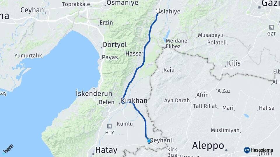 Hatay Reyhanlı İslahiye Gaziantep Arası Kaç Km - Yol Haritası