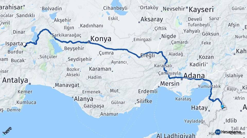 Hatay Reyhanlı Isparta Arası Kaç Km - Yol Haritası