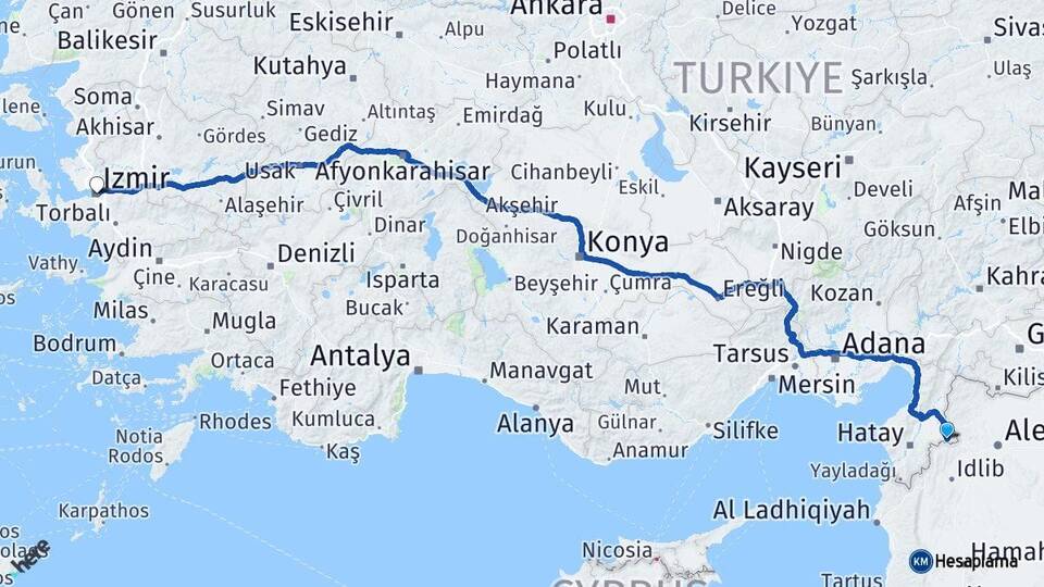 Hatay Reyhanlı İzmir Arası Kaç Km - Yol Haritası
