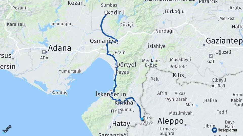 Hatay Reyhanlı Kadirli Osmaniye Arası Kaç Km - Yol Haritası