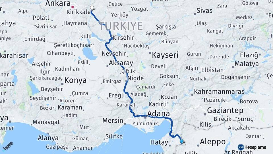 Hatay Reyhanlı Kırıkkale Arası Kaç Km - Yol Haritası