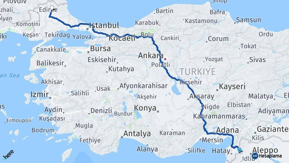 Hatay Reyhanlı Kırklareli Arası Kaç Km - Yol Haritası