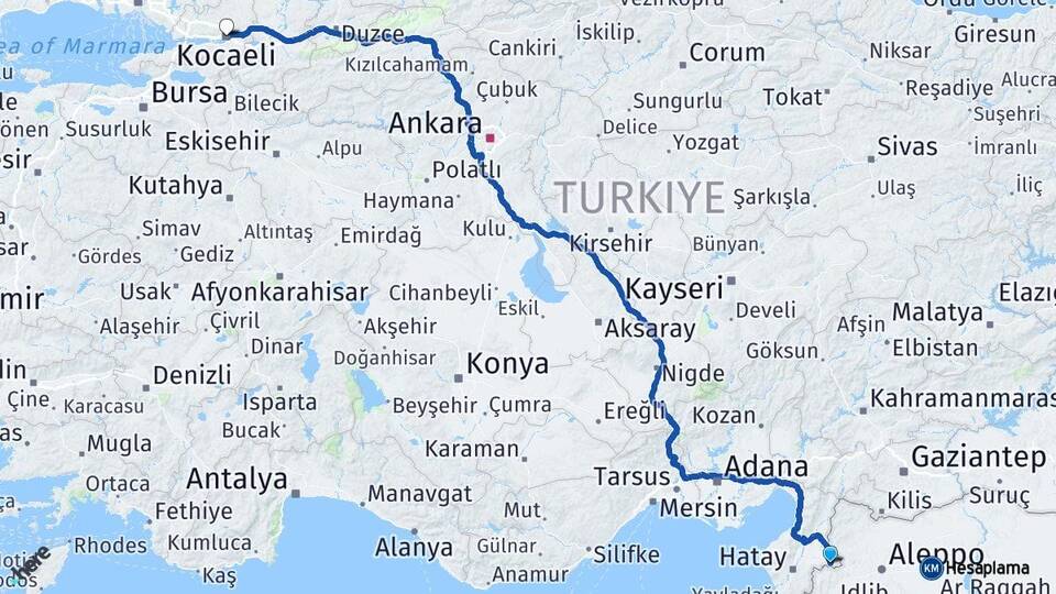 Hatay Reyhanlı Kocaeli Arası Kaç Km - Yol Haritası