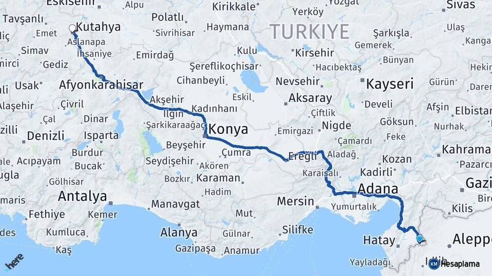Hatay Reyhanlı Kütahya Arası Kaç Km - Yol Haritası