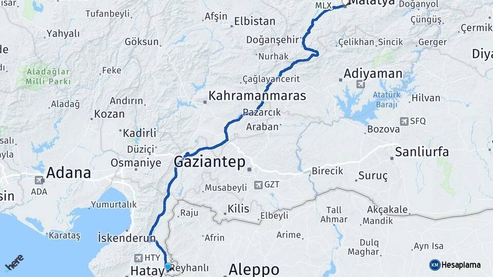 Hatay Reyhanlı Malatya Arası Kaç Km - Yol Haritası