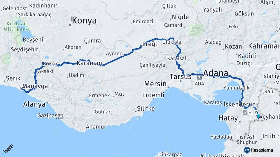 Hatay Reyhanlı Manavgat Antalya Arası Kaç Km - Yol Haritası