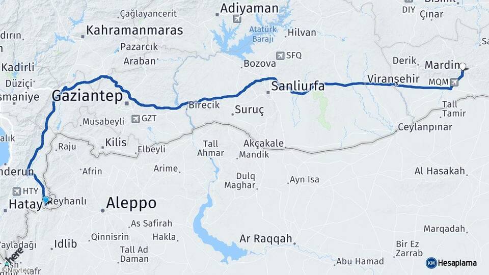 Hatay Reyhanlı Mardin Arası Kaç Km - Yol Haritası
